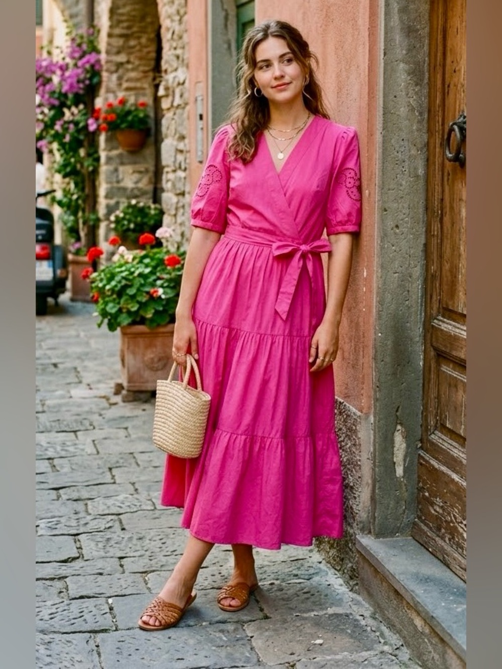 DKNY Vivid Pink Cotton Eyelet Sleeve Wrap Maxi Dress Tiered Romantic Y2K NWT